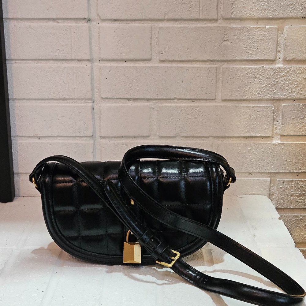 Zara Black Quilted Padded Padlock Crossbody Bag Gold Hardware Half Moon Shoulder
